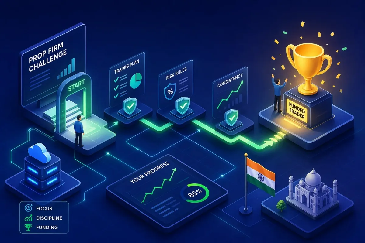 Illustration of a trader's path through a prop firm challenge — trading plan, risk rules, and consistency checkpoints leading to a funded trader trophy, with an Indian flag and Taj Mahal in the background