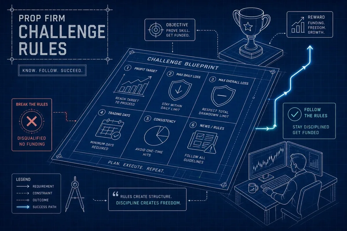Blueprint-style illustration of a prop firm challenge covering profit target, max daily loss, max overall loss, trading days, consistency, and news rules