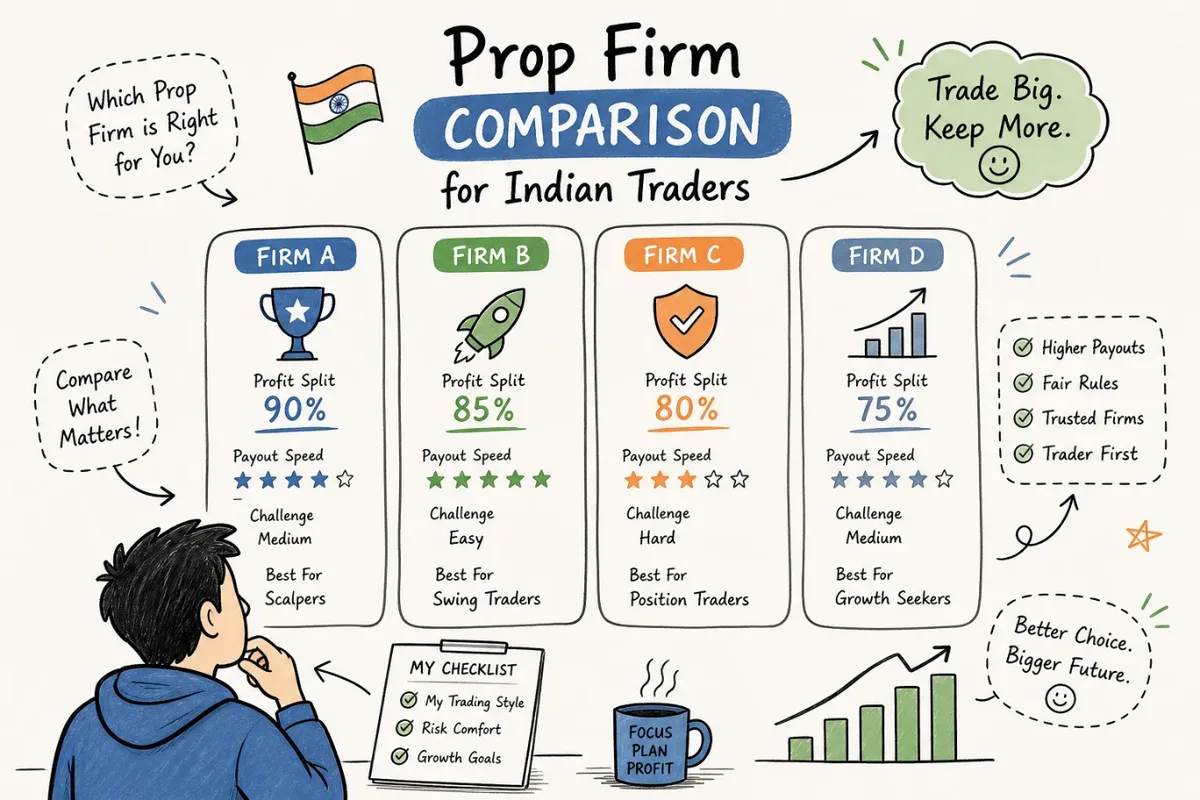 Illustration comparing four prop firm cards by profit split, payout speed, and challenge difficulty, styled for Indian traders choosing a firm