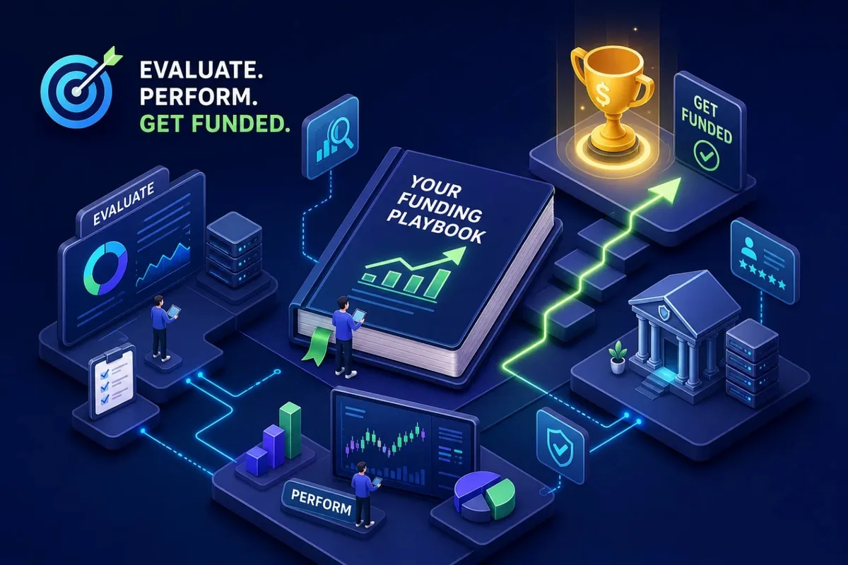 Illustration of a trader's funding playbook showing evaluate, perform, and get funded stages leading to a trophy