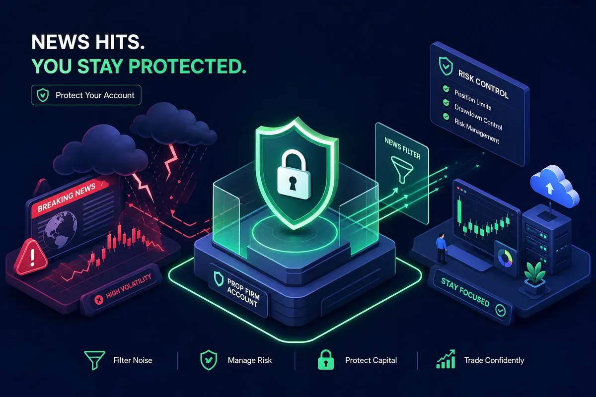 Illustration of a shield protecting a prop firm account from a breaking news storm, with risk-control and news-filter panels around it