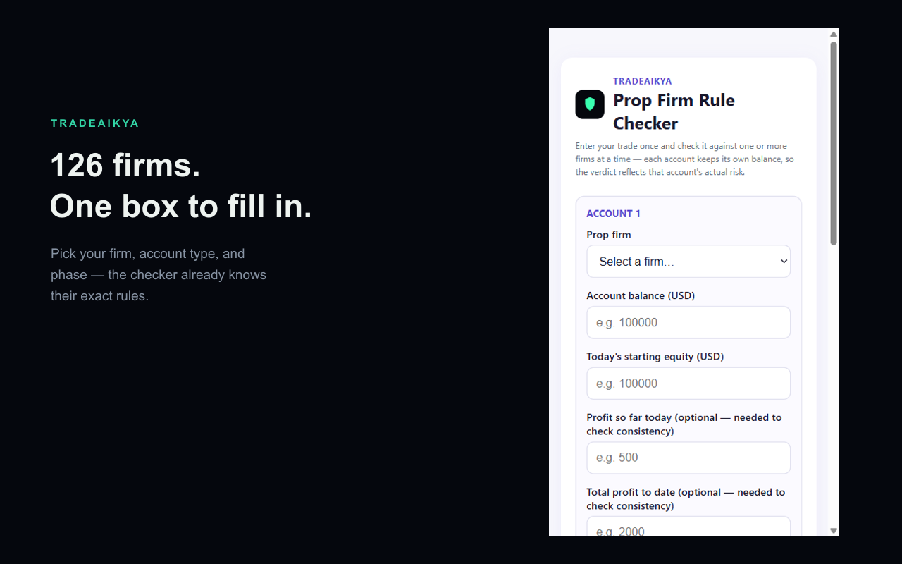 Prop Firm Rule Checker firm and account type selection form
