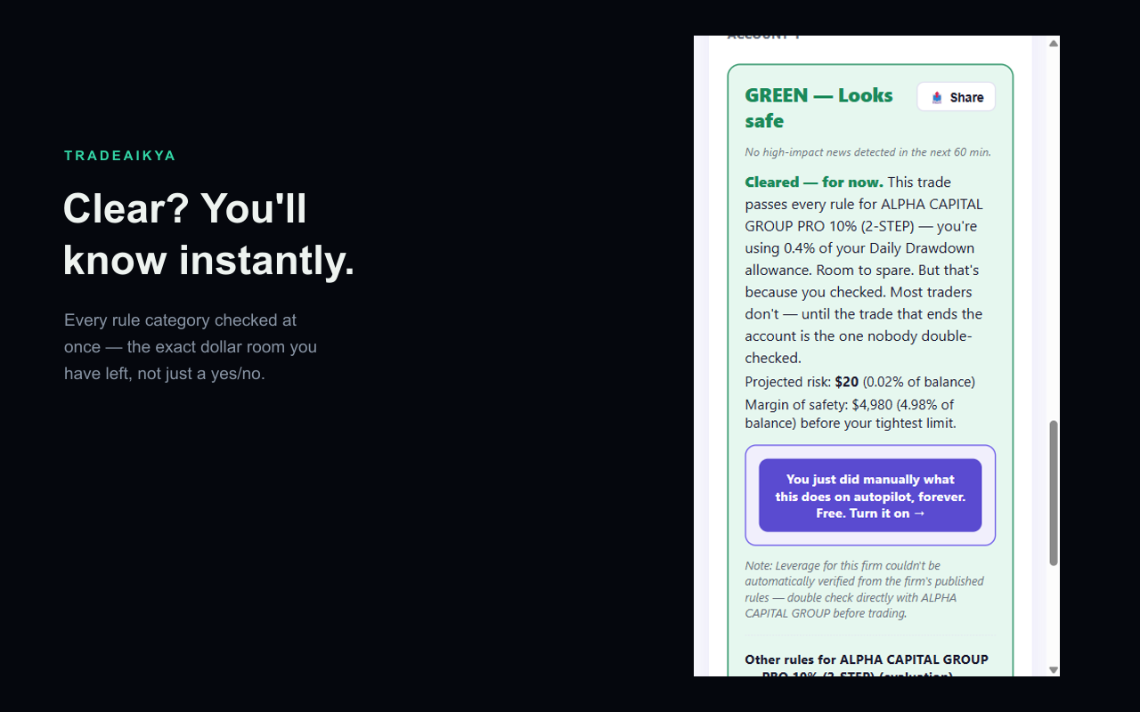 Prop Firm Rule Checker GREEN verdict screen showing the trade clears with drawdown room to spare