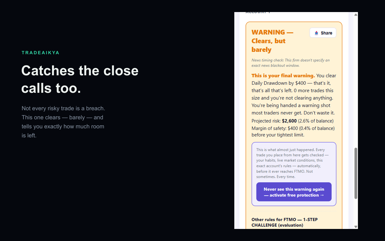Prop Firm Rule Checker WARNING verdict screen showing the trade clears with very little room left